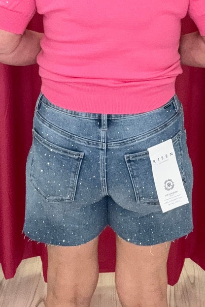 Slouchy Mid Length All Over Rhinestone Shorts BOTTOMS RISEN 