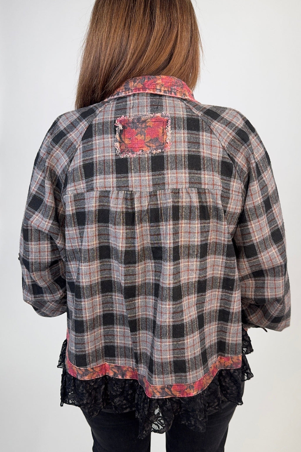 Lace Detail Plaid Jacket JRTOP CASUAL TOP:~~Unassigned~~ POL CLOTHING 