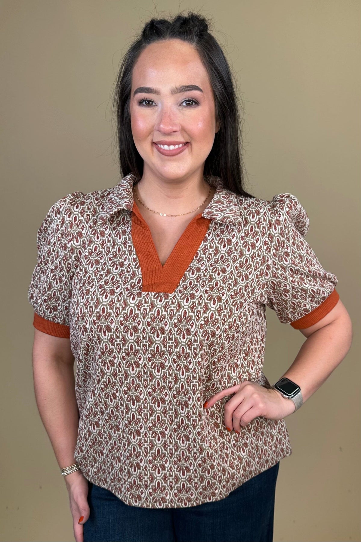 Puff Sleeve Collared V Neck Top JR TOP DRESSY:~~Unassigned~~ UMGEE 