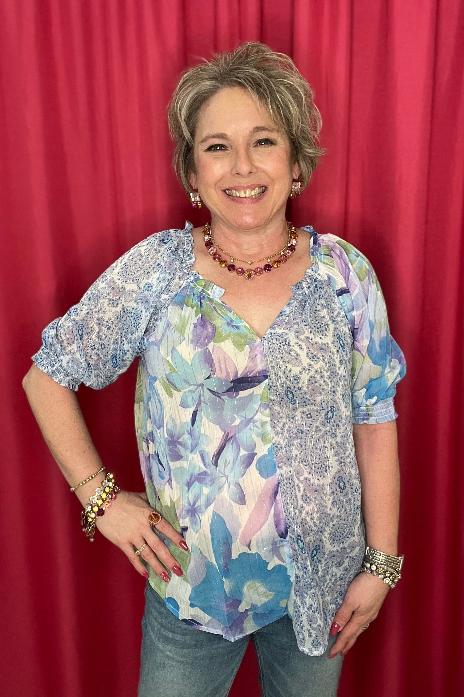 Mixed Paisley/Floral Print Ruffle Neck Detail Top JR TOP DRESSY UMGEE 