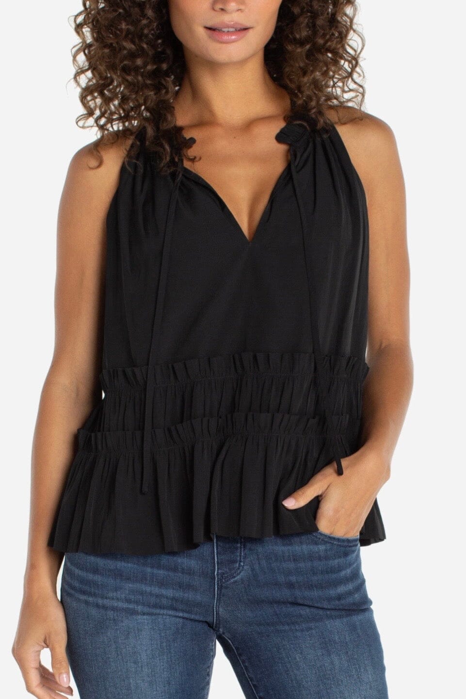 Sleeveless Woven Top w/Ruffle Tiers &amp; Neck Tie MISSY TOP SPECIAL LIVERPOOL 
