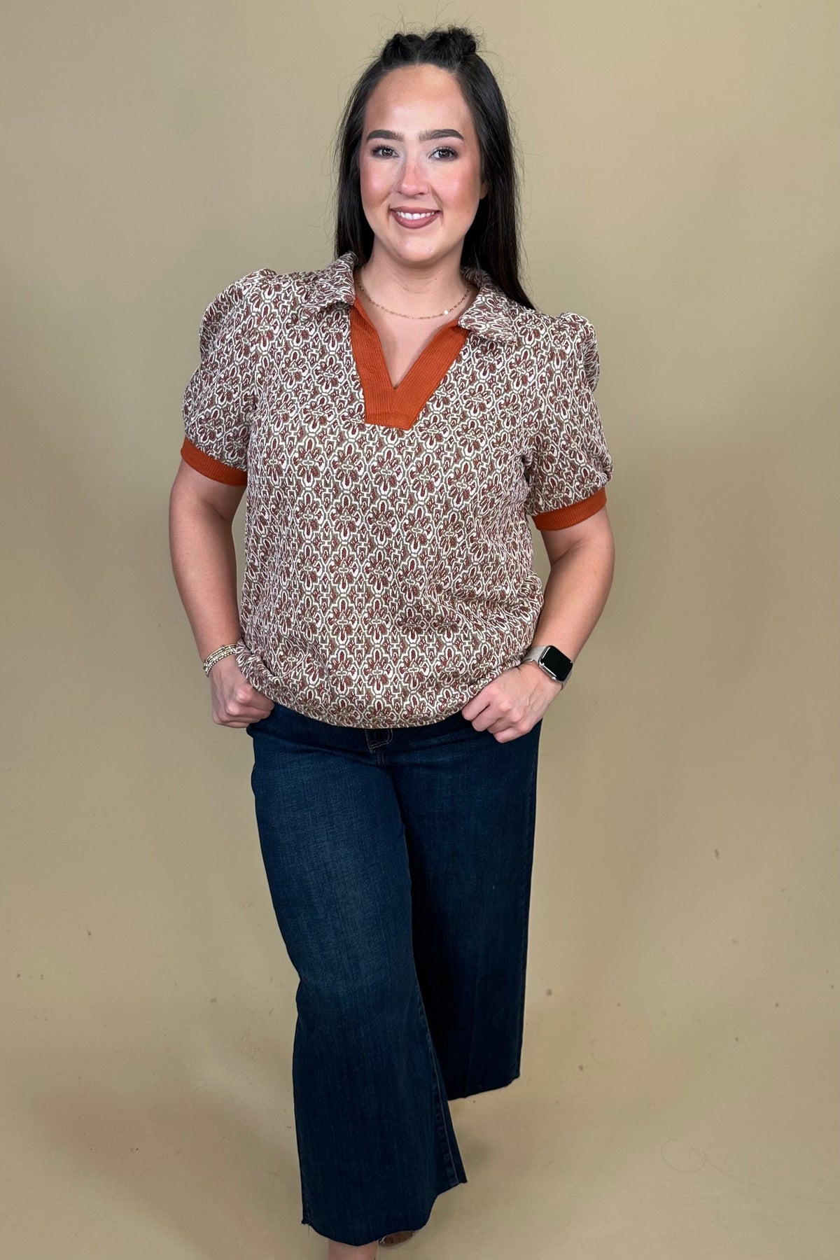 Puff Sleeve Collared V Neck Top JR TOP DRESSY:~~Unassigned~~ UMGEE 