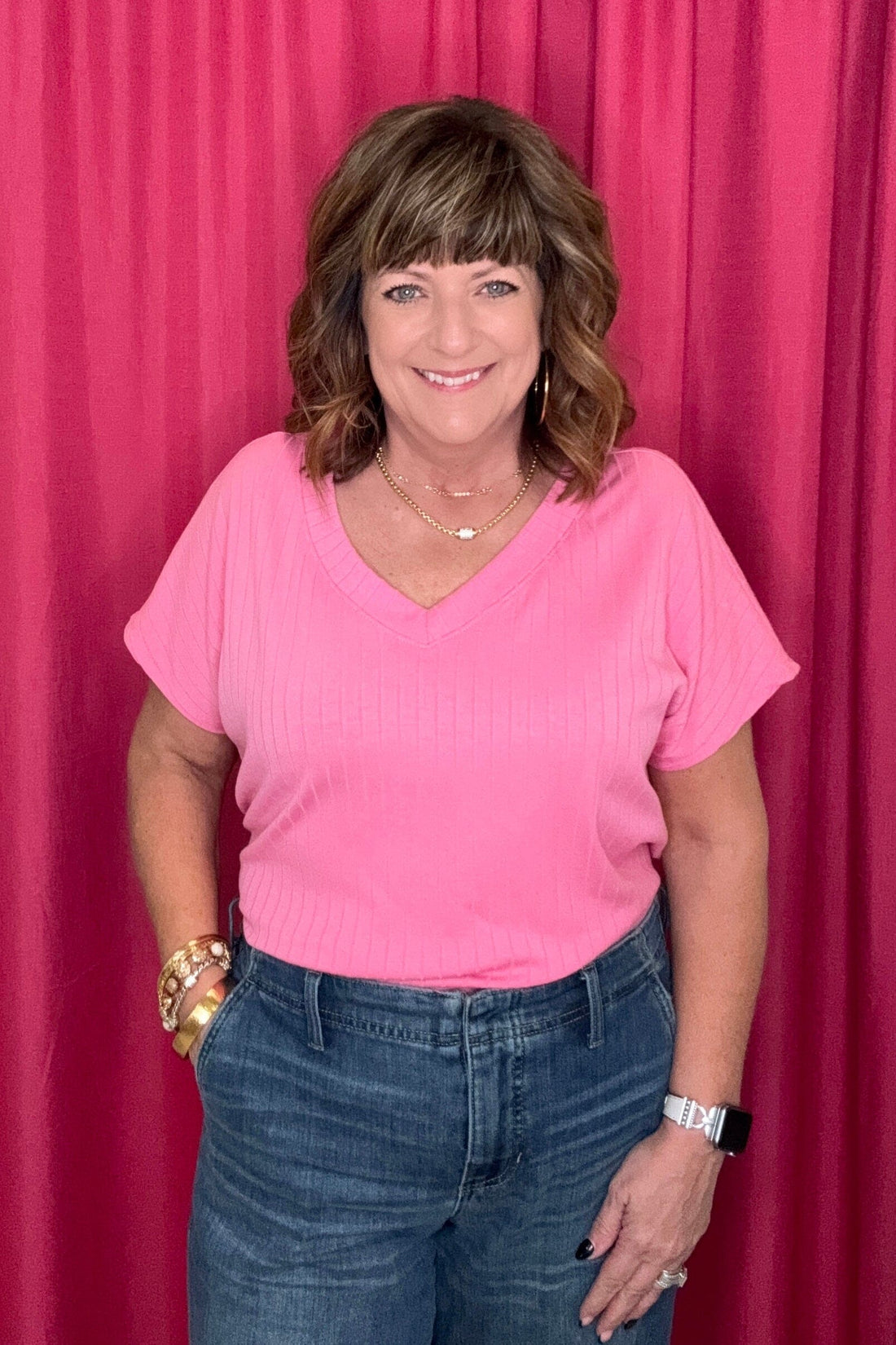 Short Sleeve V-Neck Ribbed Top JRTOP CASUAL TOP ANDREE PINK S 