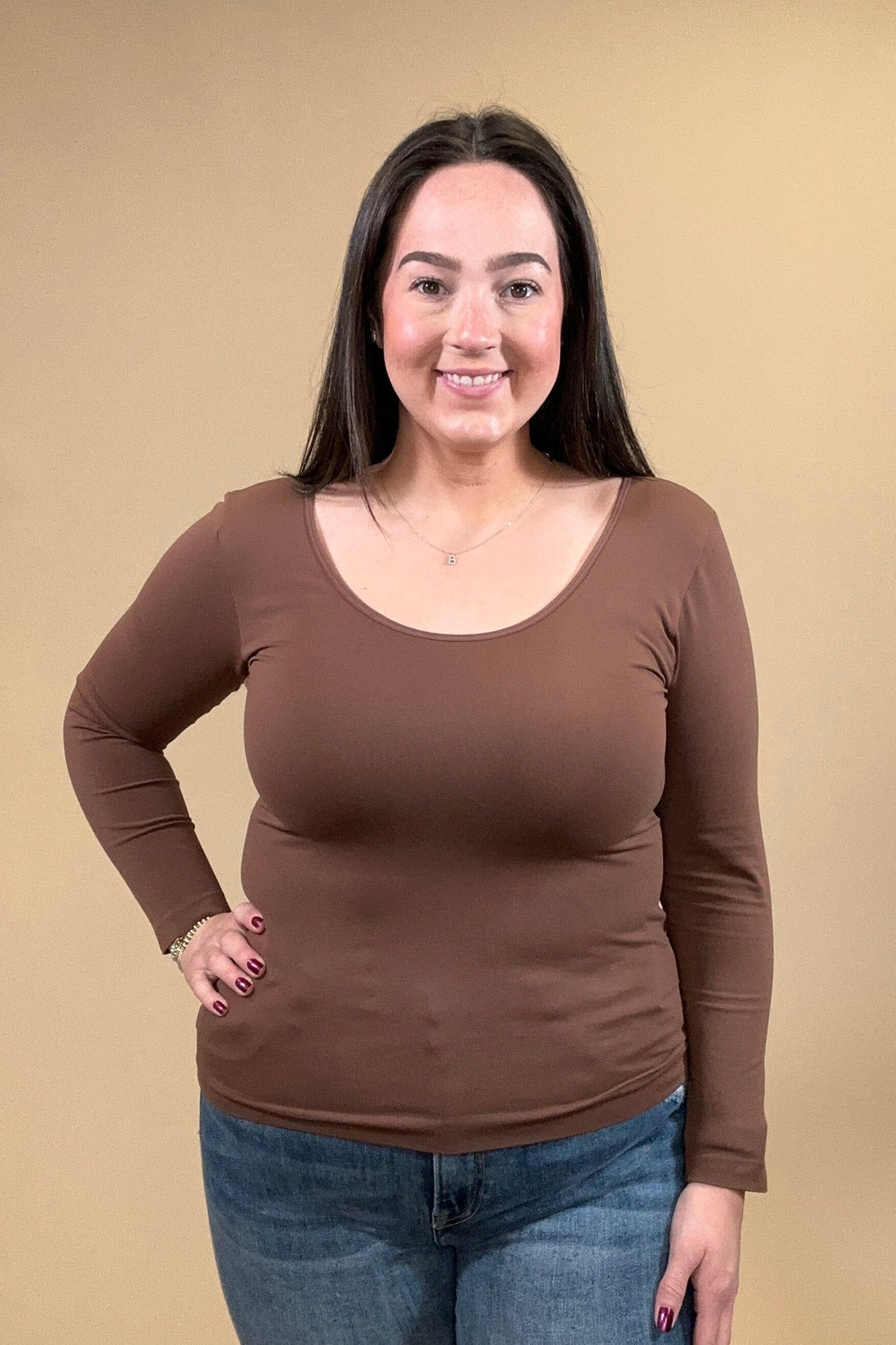 Long Sleeve Seamless Reversible V/Scoop Top MISSY BASIC KNIT YELETE