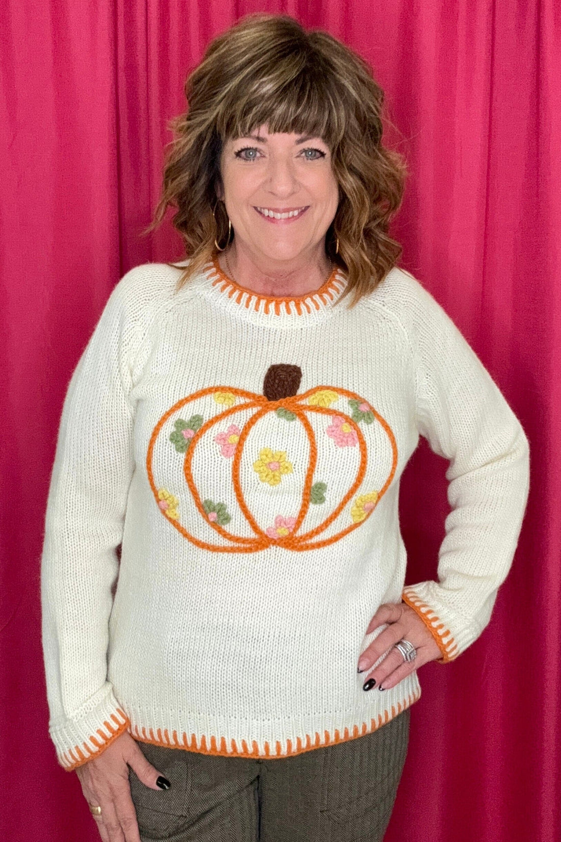 Pumpkin Floral Embroidered Thanksgiving Sweater JRTOP CASUAL TOP SO ME 