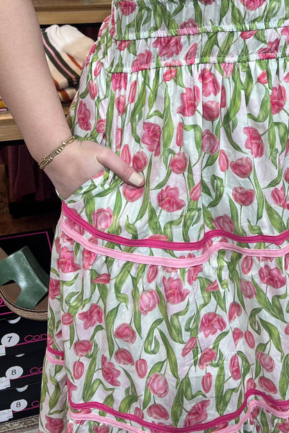 Ruffle Sleeve Woven Tulip Print Midi Dress DRESS SHE&amp;SKY 