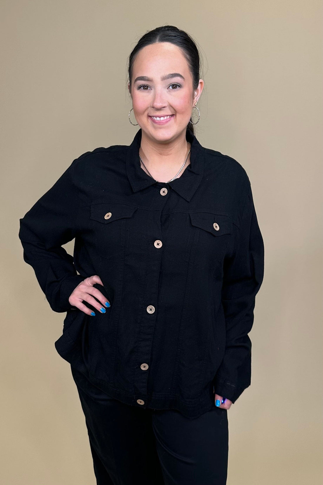 Long Sleeve Linen Jacket with Wood Buttons OUTFIT COMPLETER KEREN HART 