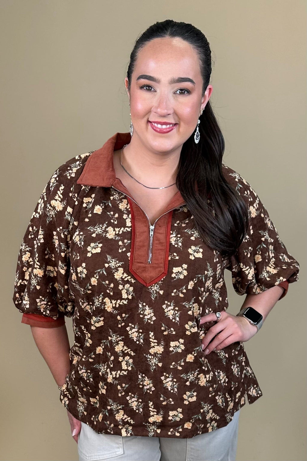 Floral Print Puff Sleeve Half Zip Top JR TOP DRESSY:~~Unassigned~~ UMGEE 