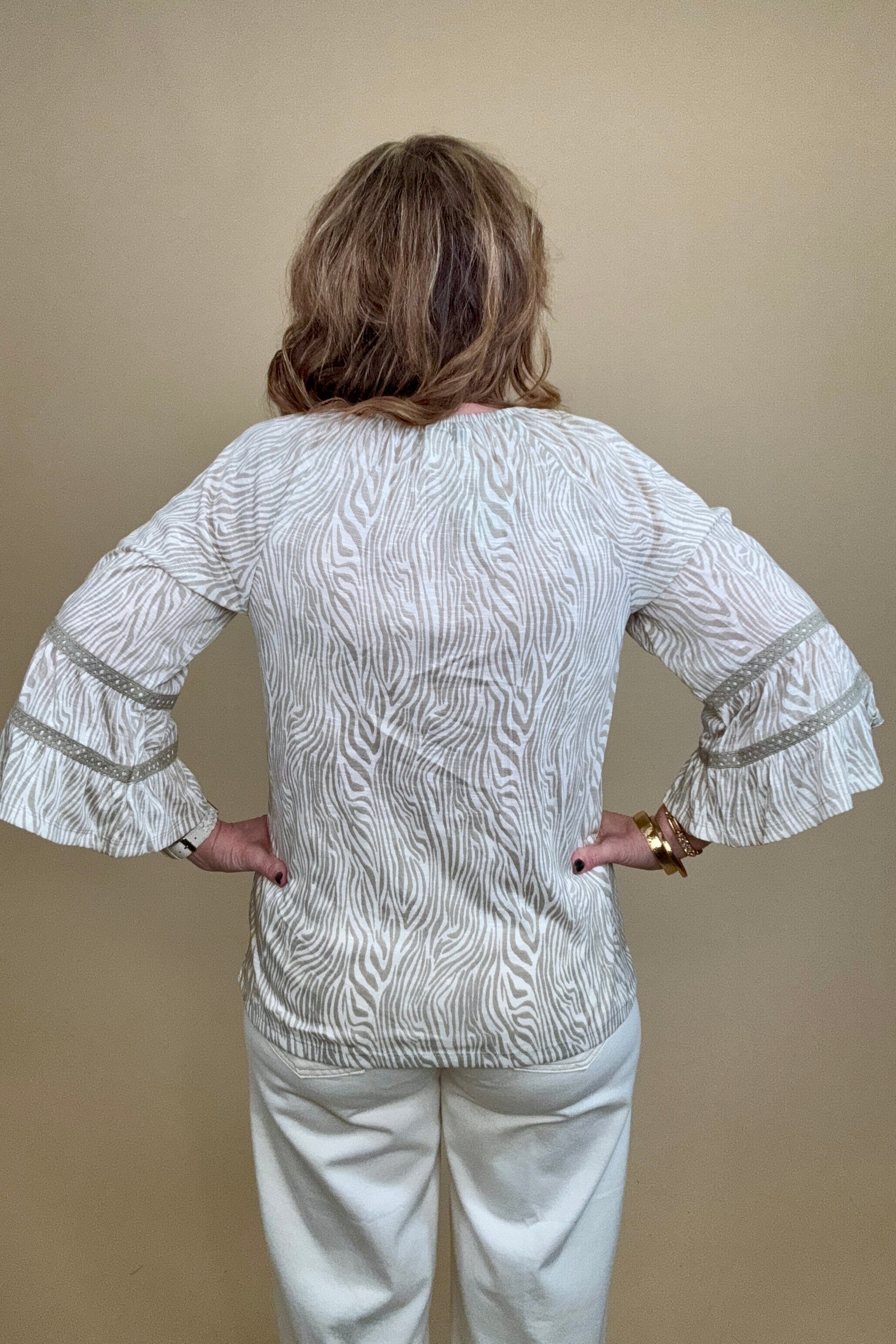 Bell Sleeve Printed Top w/Lace Detail MISSY TOP SPECIAL KEREN HART 