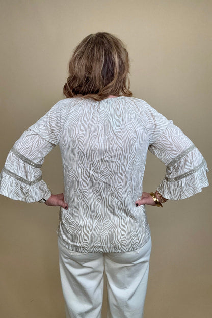 Bell Sleeve Printed Top w/Lace Detail MISSY TOP SPECIAL KEREN HART 