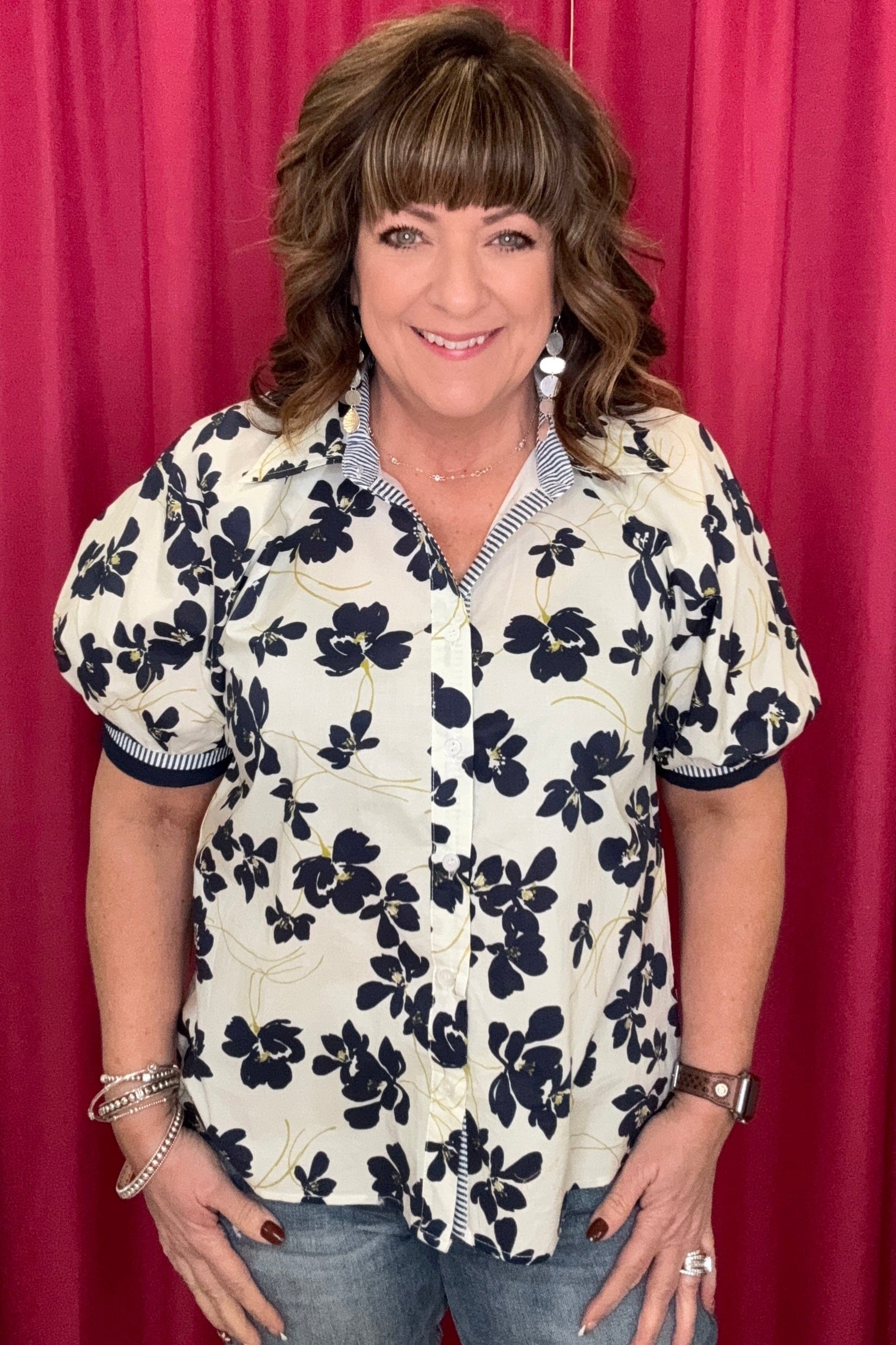 Half Sleeve Button Down Printed Top JR TOP DRESSY SHE&amp;SKY 