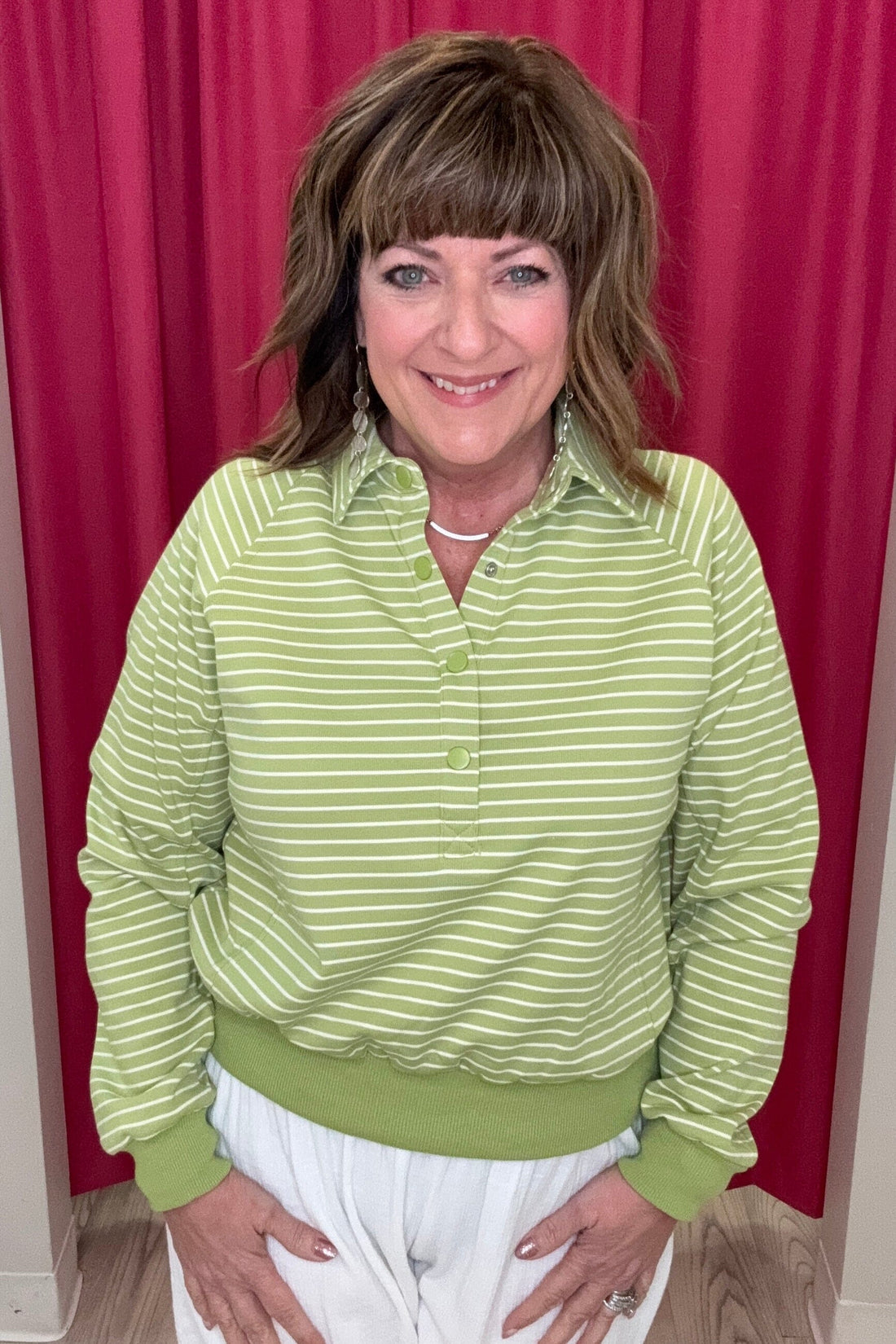 Henley Striped Sweatshirt w/Snaps JRTOP CASUAL TOP UMGEE GRN S 