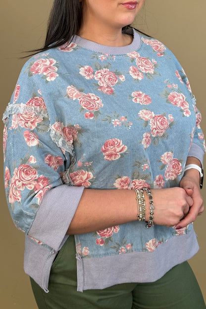 Floral Print Denim Top JRTOP CASUAL TOP:~~Unassigned~~ SOUTHERN GRACE 