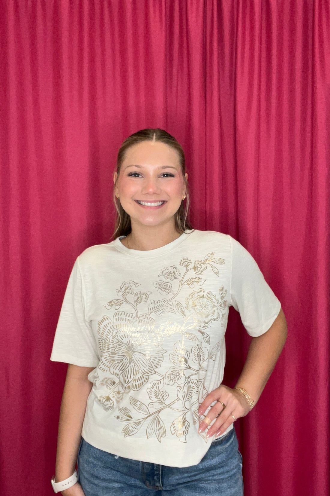 Elbow Sleeve Scoop Neck Fog Foil Screened Knit Top MISSY TOP SPECIAL DEMOCRACY