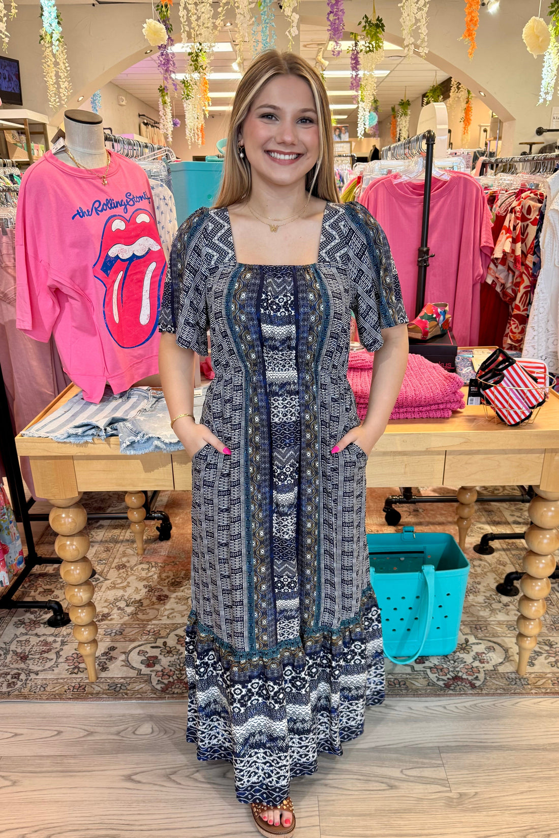 Elbow Sleeve Square Neck Woven Maxi Dress DRESS LIVERPOOL