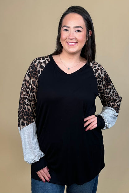 Long Sleeve Animal Print Colorblock V-Neck Tunic JR TOP DRESSY WHOLESALE FASHION TRENDS 