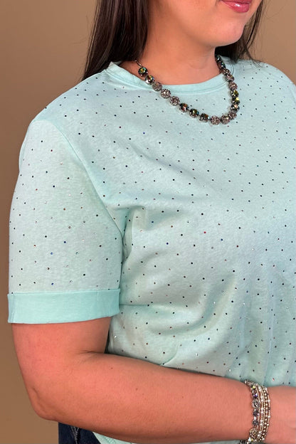 Short Rolled Sleeve Tee w/Colored Rhinestones JRTOP CASUAL TOP DAVI&amp;DANI 