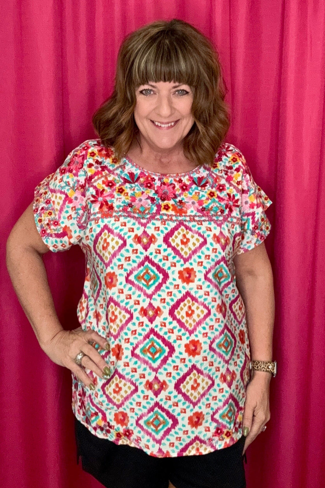 Short Sleeve Aztec Printed Top w/Embroidery JR TOP DRESSY ANDREE 
