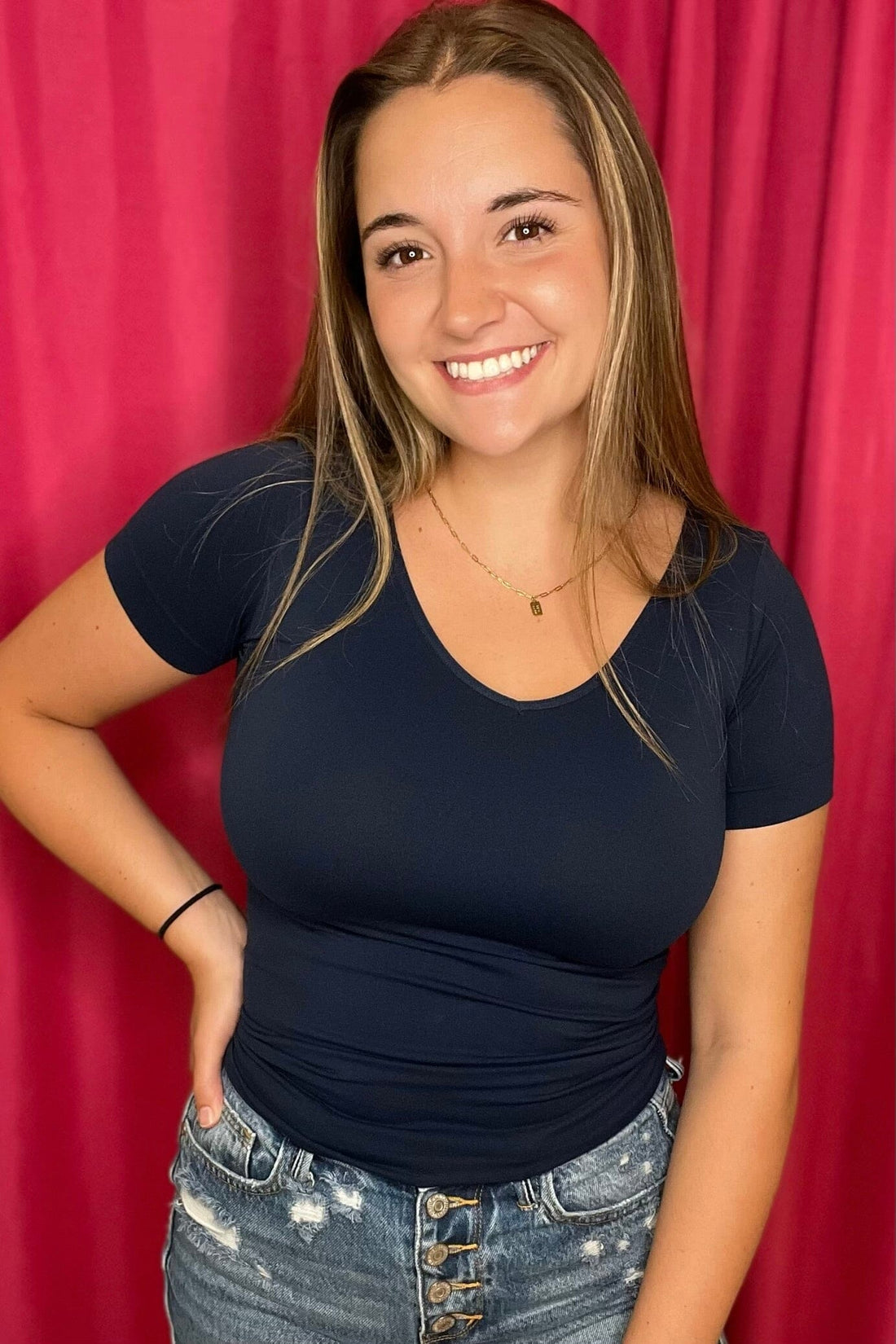 Reversible V + Round Neck Short Sleeve Top JRTOP CASUAL TOP YELETE NAVY SMALL-LARGE 