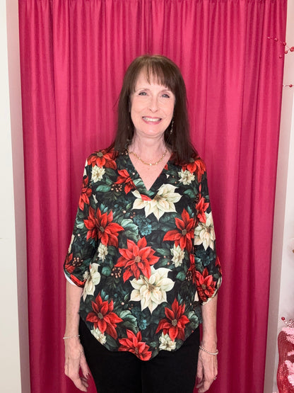 Printed Poinsettia Top w/Collar MISSY TOP SPECIAL STERLINGKREEK 