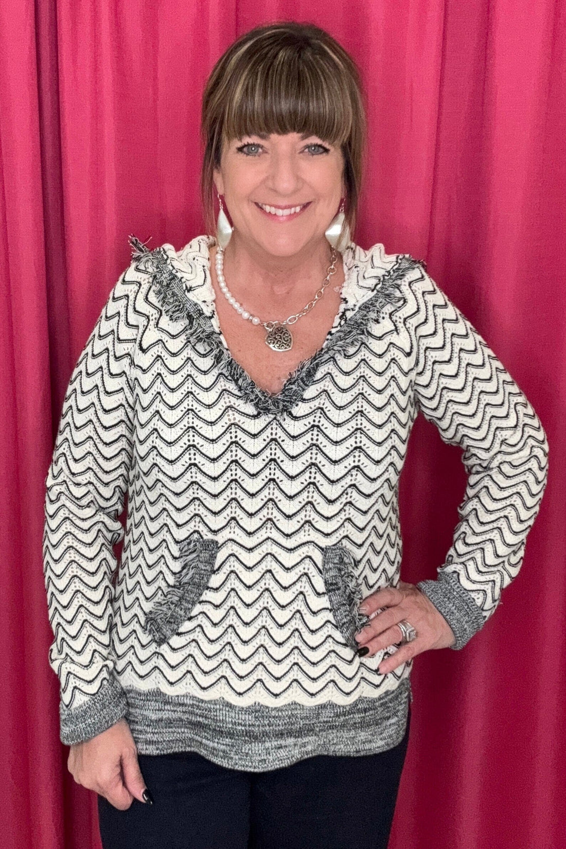 Long Sleeve Hooded Sweater w/Fringe Detail MISSY TOP SPECIAL TRIBAL 