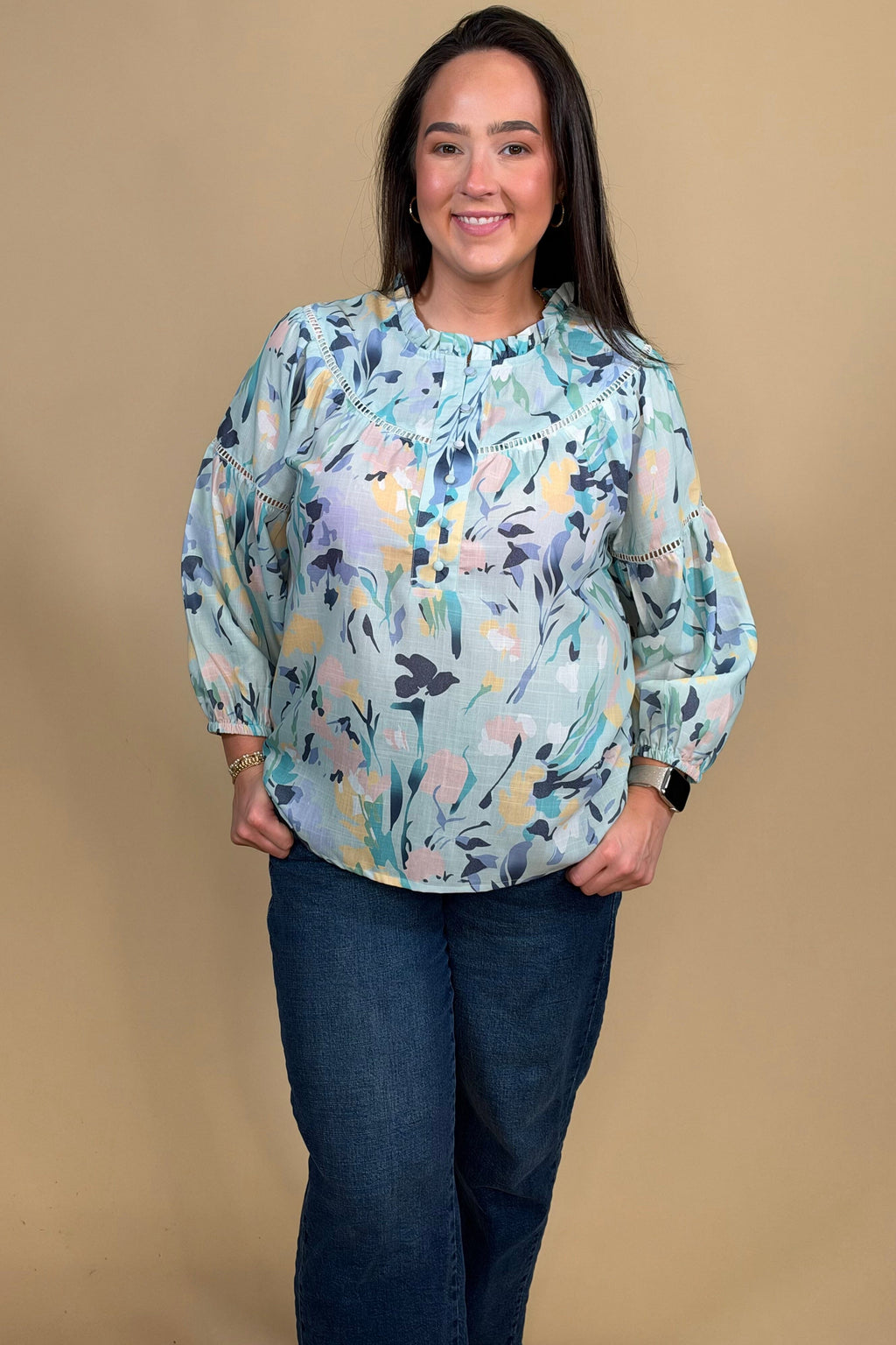 3/4 Sleeve Printed Top w/Ruffle Collar MISSY TOP SPECIAL KEREN HART 