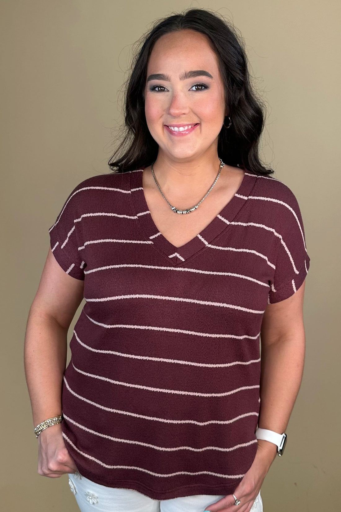 Striped V Neck Cuff Sleeve Top - Burgundy JRTOP CASUAL TOP:~~Unassigned~~ BLUPEPPER