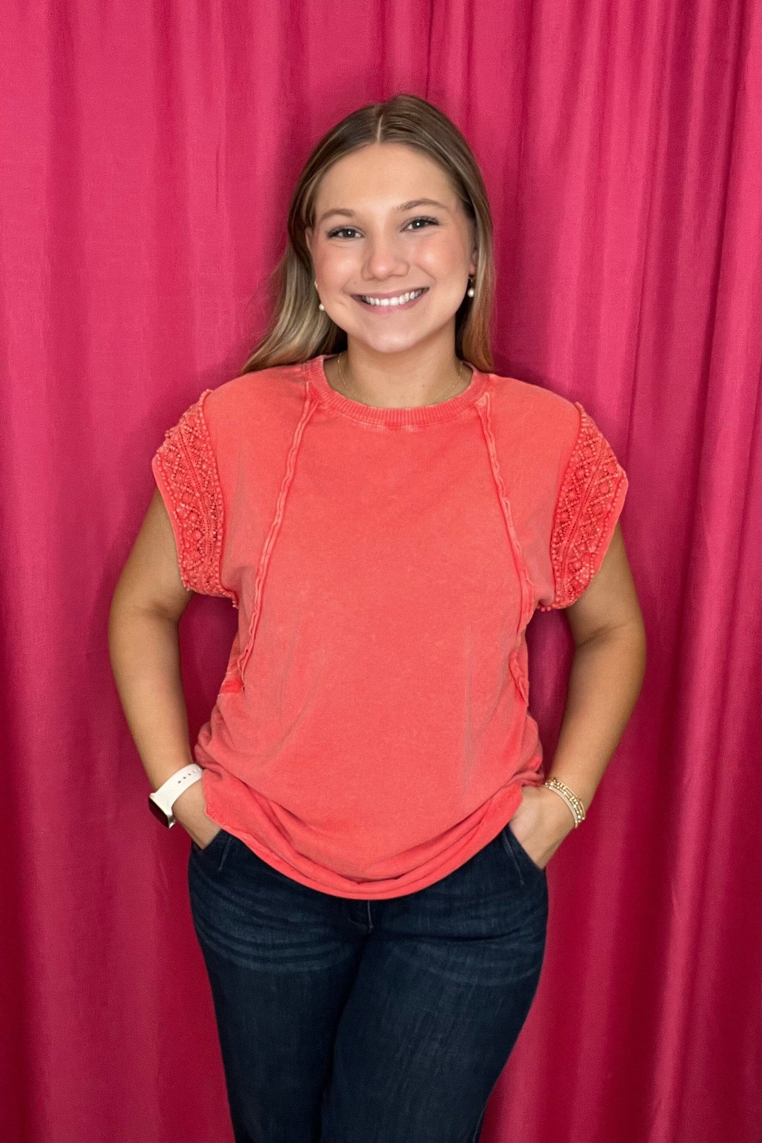 Mineral Wash Trim Cap Sleeve Blouse JRTOP CASUAL TOP JHER 