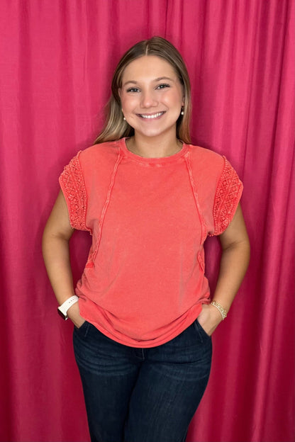 Mineral Wash Trim Cap Sleeve Blouse JRTOP CASUAL TOP JHER 