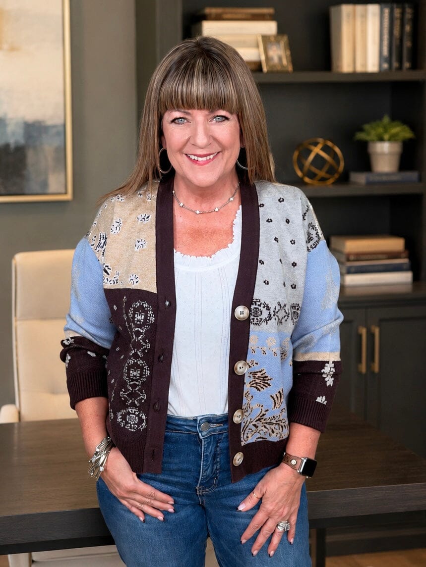 Jacquard V-Neck Sweater Cardigan in Satin Sky OUTFIT COMPLETER TRIBAL 