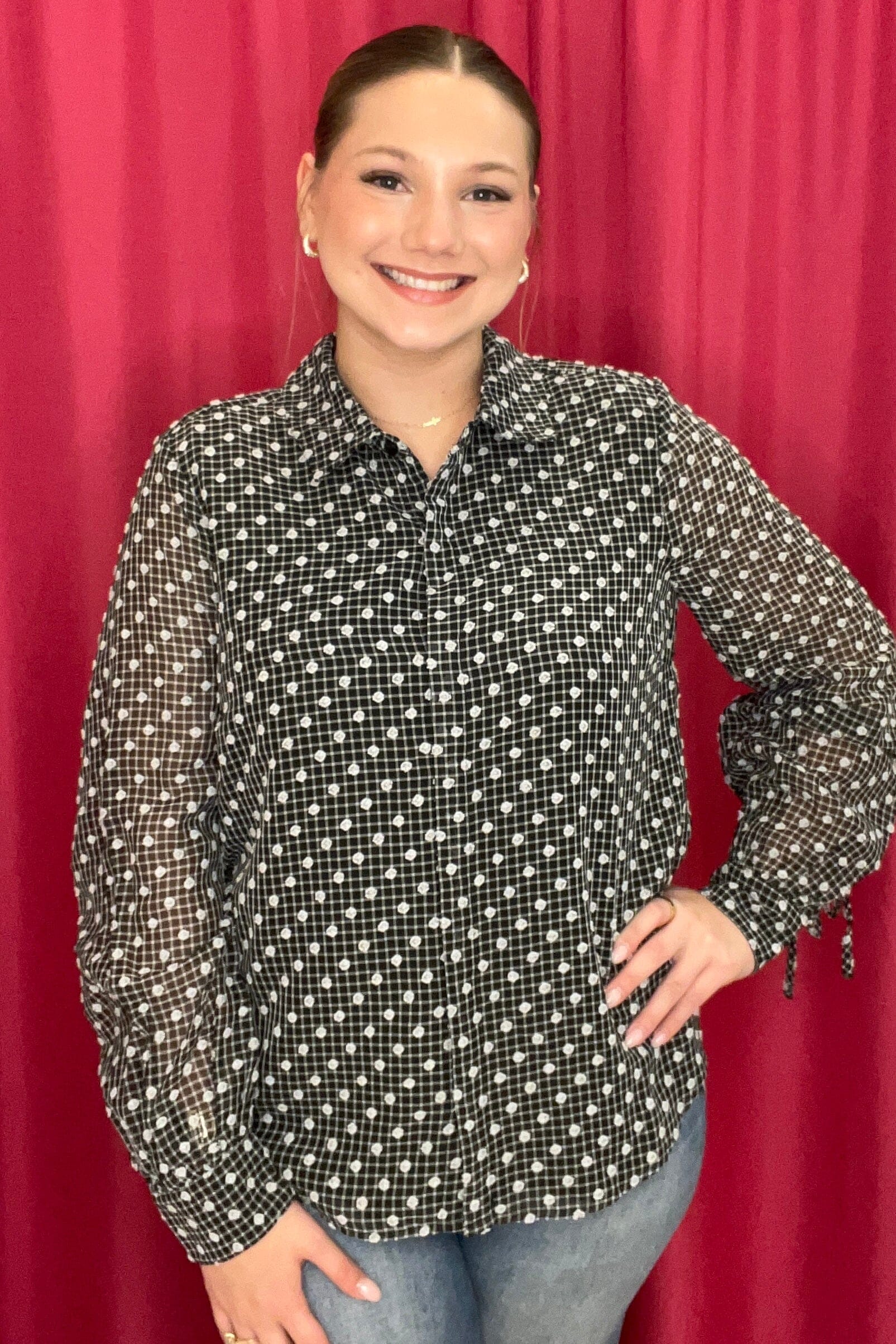 Long Sleeve COllared Woven Blouse w/Sleeve Tie MISSY TOP SPECIAL LIVERPOOL 