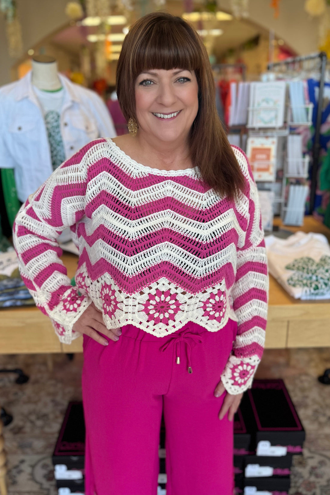 Long Sleeve Cropped ZigZag Crochet Top JRTOP CASUAL TOP VERYJ 