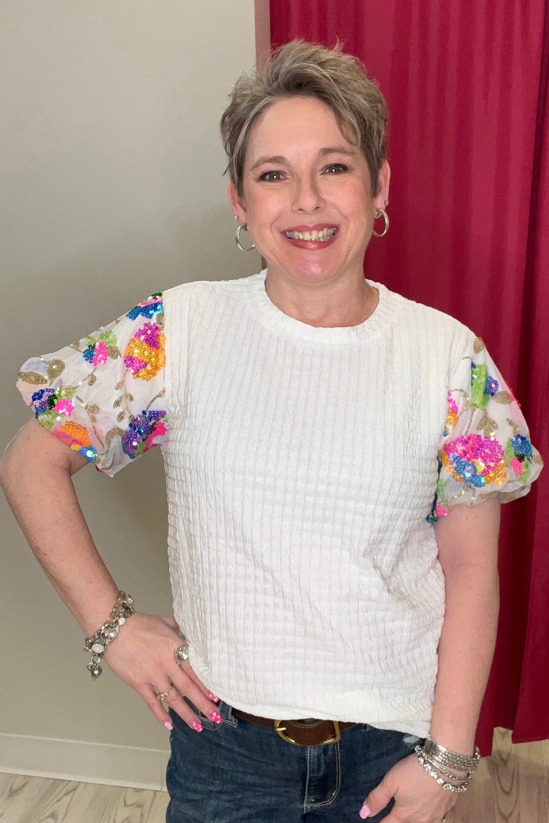 Kristin Puff Sequin Sleeve Textured Top OUTFIT COMPLETER JESS LEA 
