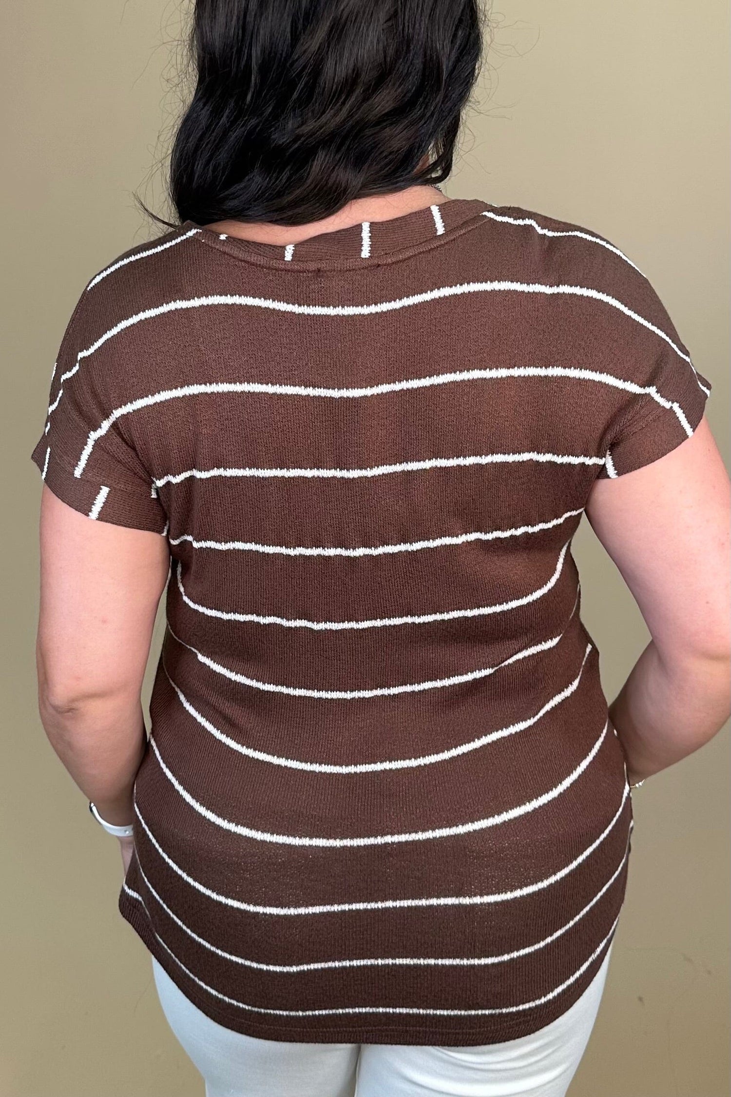 Striped V Neck Cuff Sleeve Top - Chocolate JRTOP CASUAL TOP:~~Unassigned~~ BLUPEPPER 