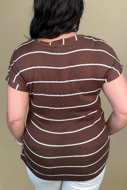 Striped V Neck Cuff Sleeve Top - Chocolate JRTOP CASUAL TOP:~~Unassigned~~ BLUPEPPER 