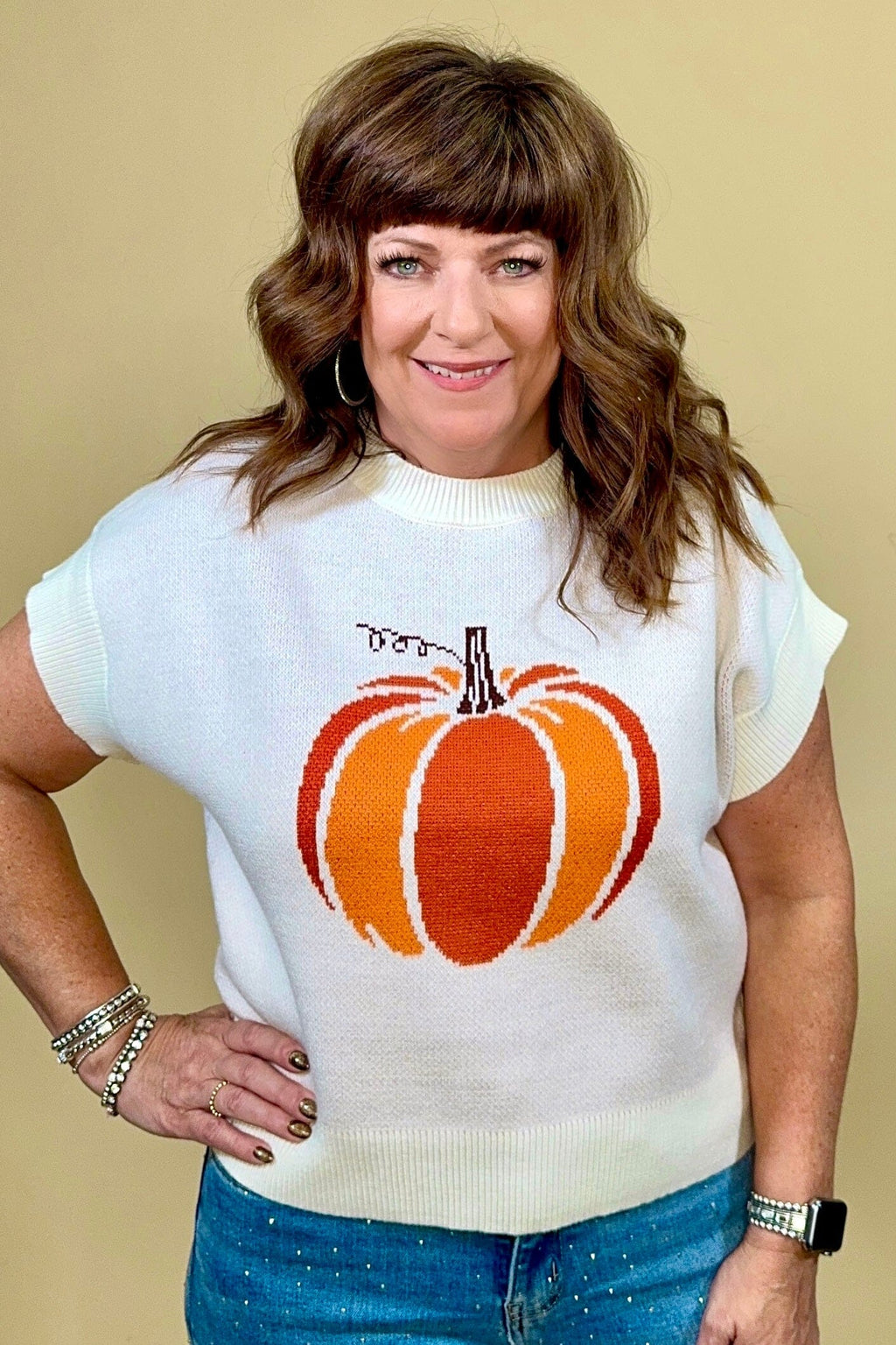 Short Sleeve Pumpkin Sweater Top JRTOP CASUAL TOP:~~Unassigned~~ SHE&SKY 