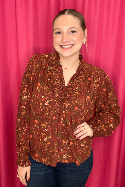 Long Sleeve Printed V-Neck Top JR TOP DRESSY EASEL 
