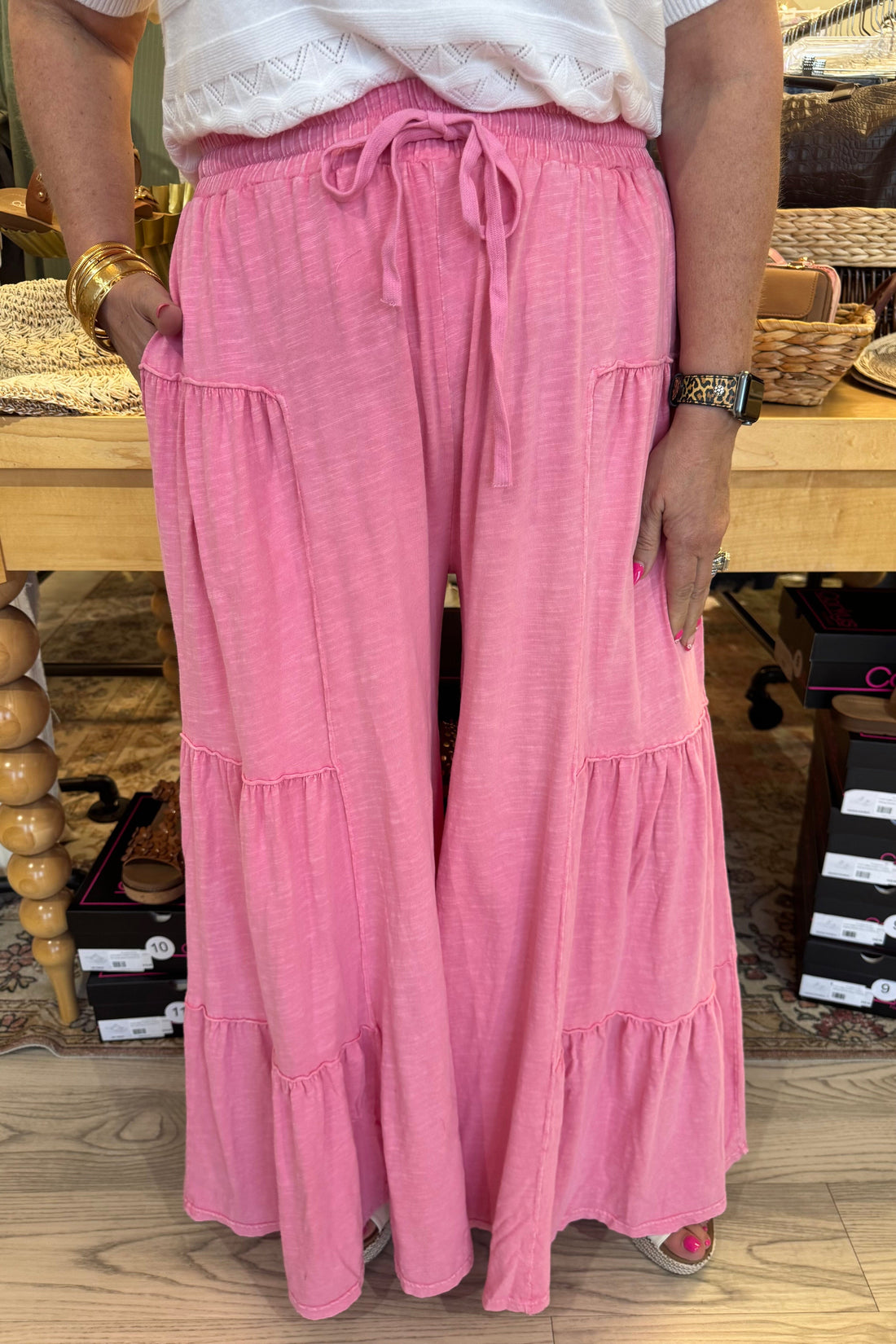 Mineral Wash Tiered Wide Leg Pant BOTTOMS BLUEVELVET PINK S 