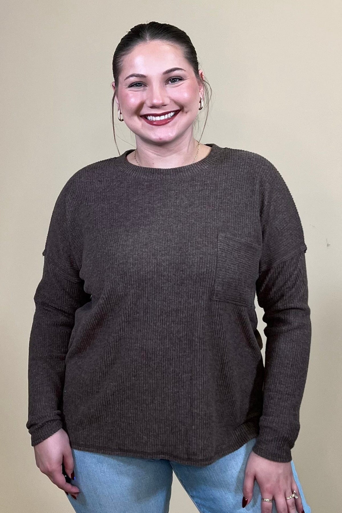 Ribbed Hacci Sweater w/ Pocket - Chocolate JRTOP CASUAL TOP:~~Unassigned~~ ZENANA 