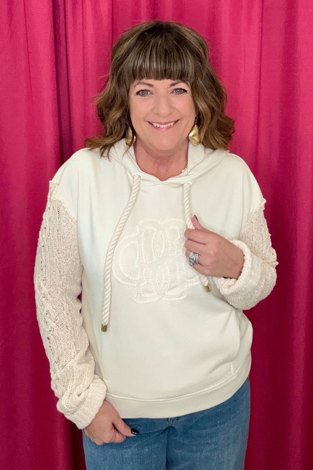 Long Sleeve Mix Media Hoodie w/Ties JRTOP CASUAL TOP DEMOCRACY