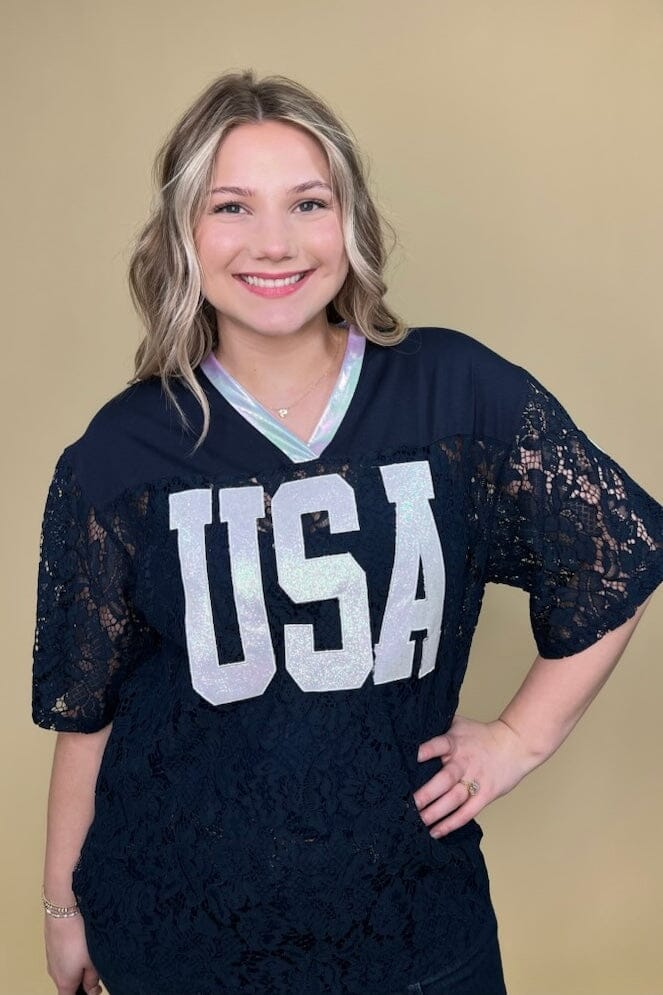 Short Sleeve Lace "USA" Jersey JRTOP CASUAL TOP SOUTHERN GRACE