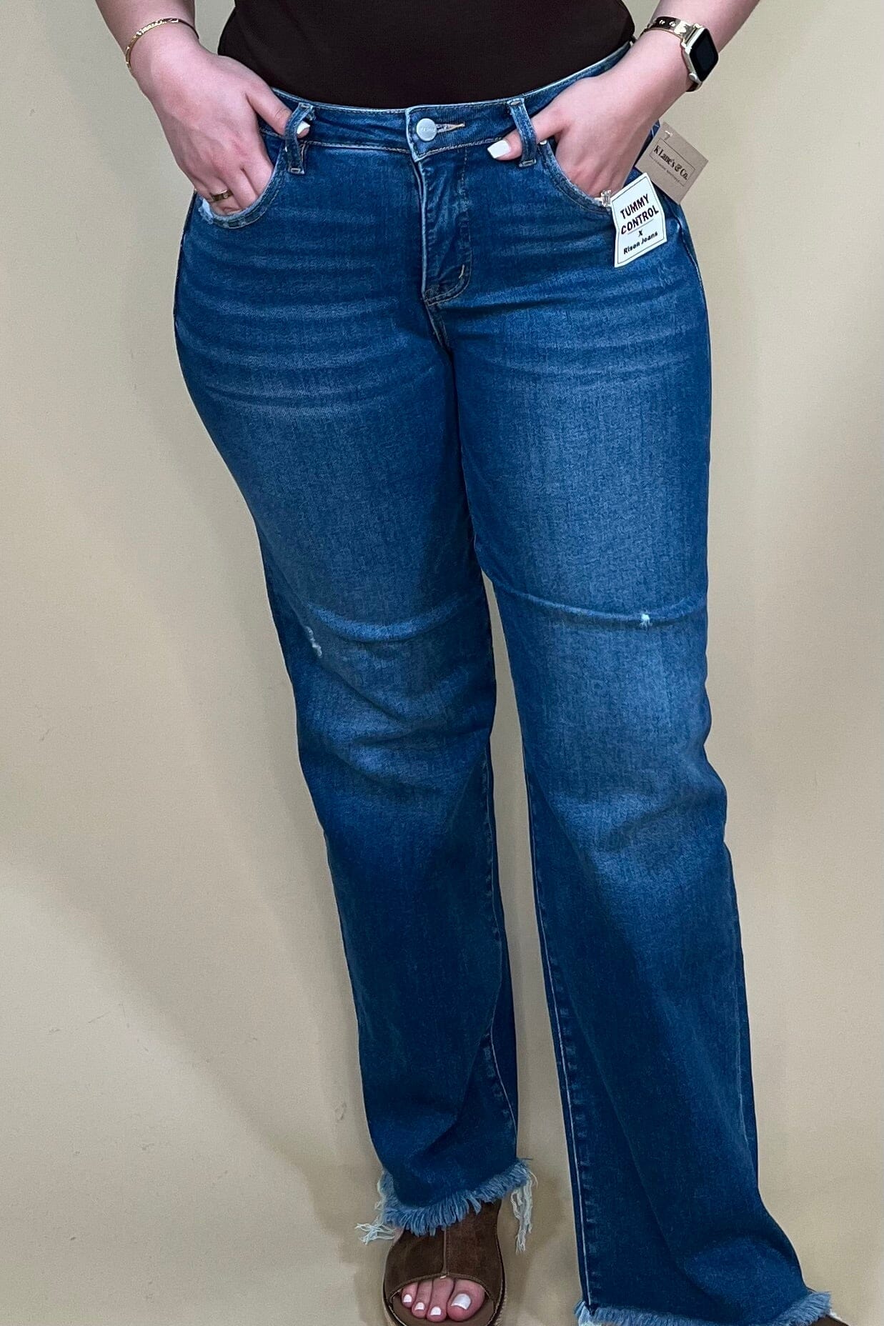 Mid Rise Tummy Control Frayed Hem Straight Jean JEANS RISEN 