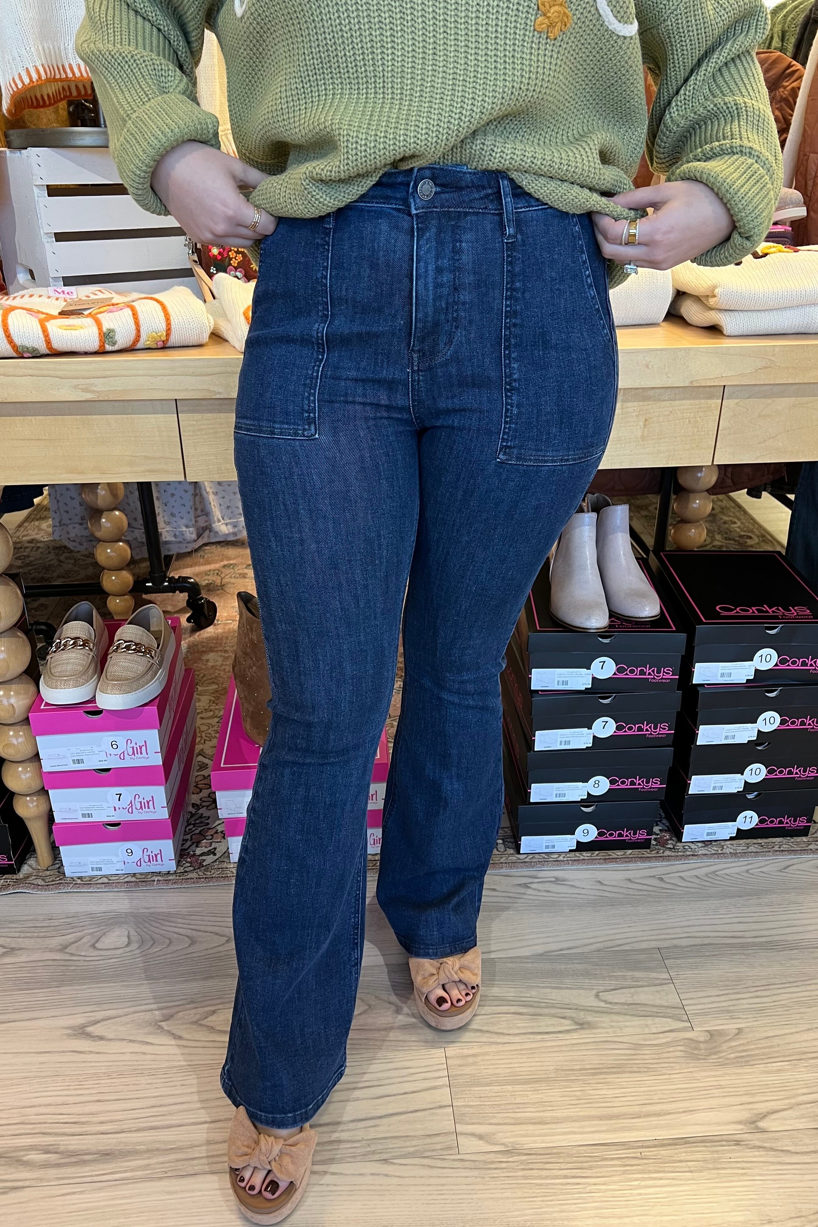 High Waist Flare w/Patch Pockets 33&quot; Inseam JEANS JUDY BLUE 