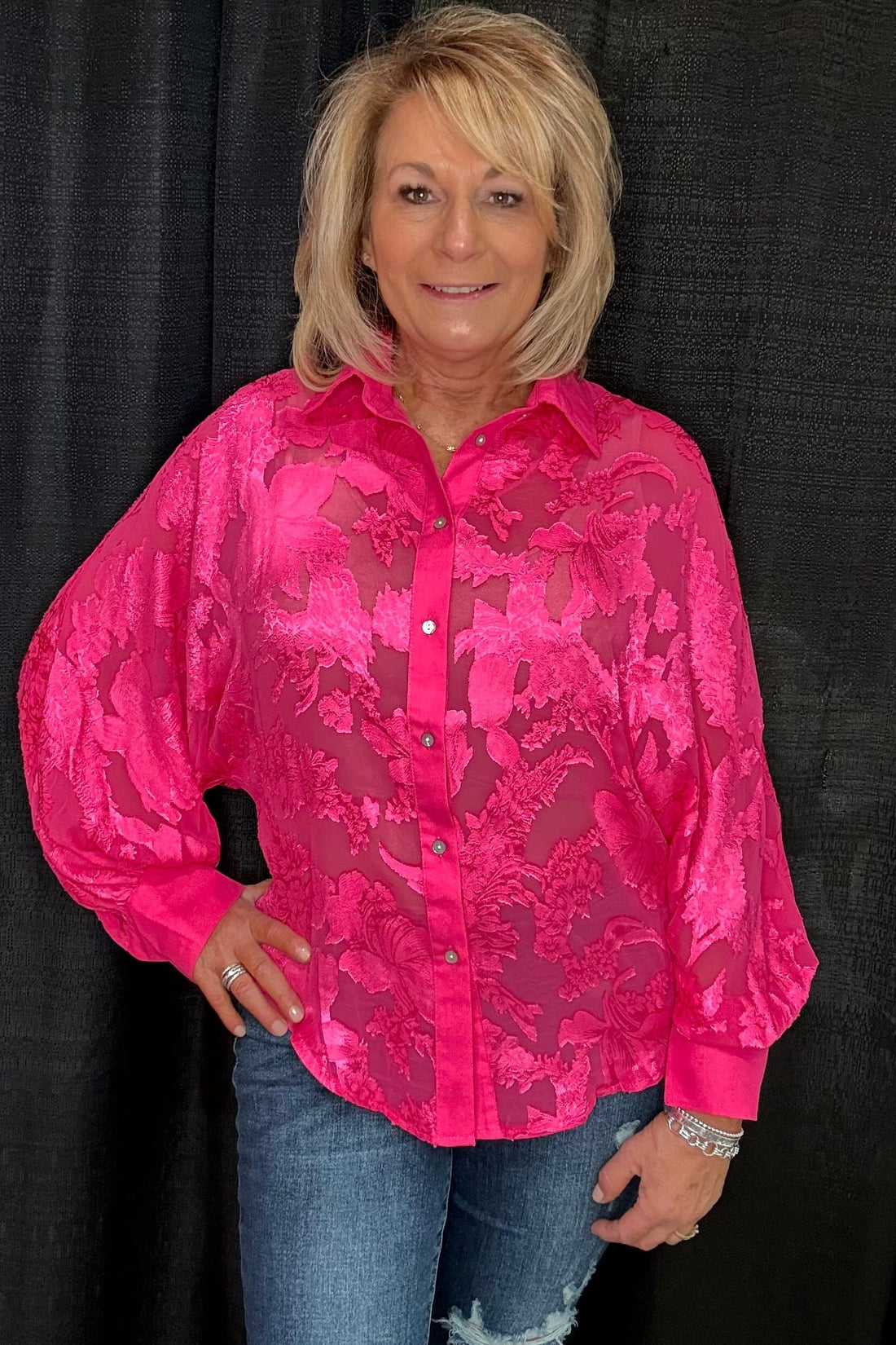 Long Cuff Sleeve Shirttail Hem Button Down Top JR TOP DRESSY GLAM FUSCHIA S 