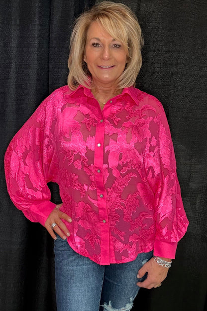 Long Cuff Sleeve Shirttail Hem Button Down Top JR TOP DRESSY GLAM FUSCHIA S 