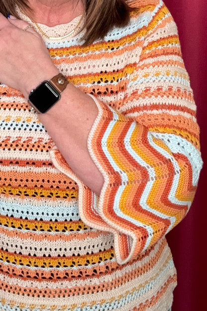 3/4 Bell Sleeve Round Neck Multi Color Crochet Stripe Sweater MISSY TOP SPECIAL DEMOCRACY 