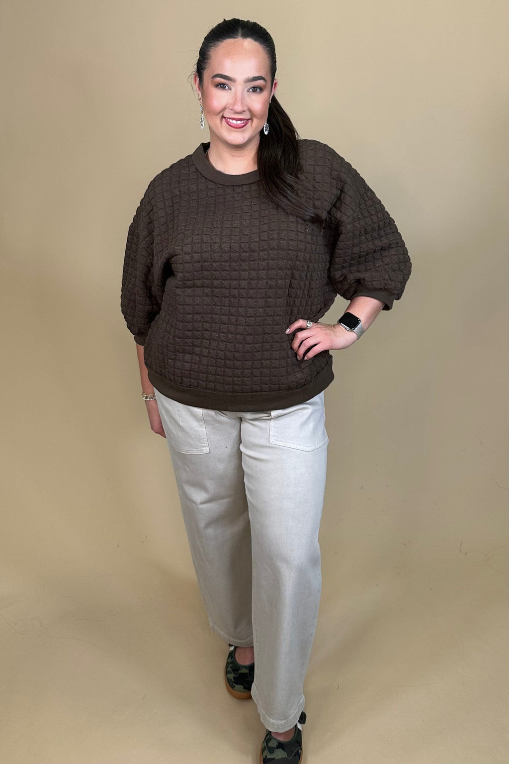 Confetti Quilted 3/4 Sleeve Pullover JRTOP CASUAL TOP:~~Unassigned~~ UMGEE 