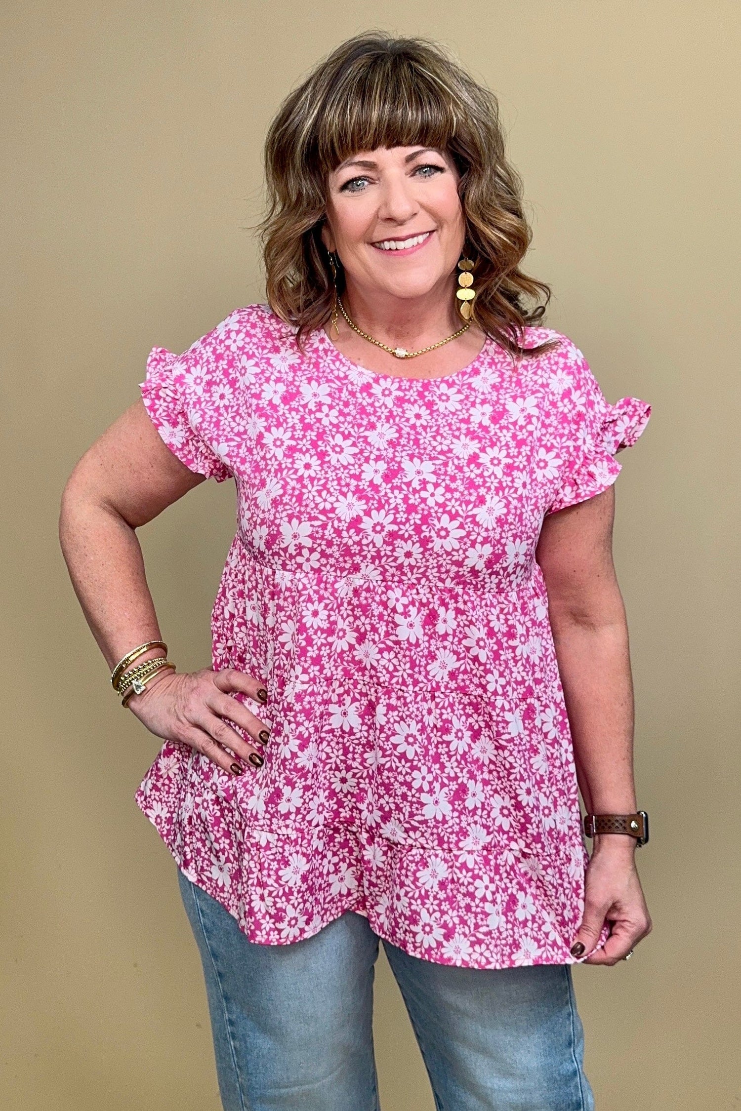 Short Ruffle Sleeve Ruffle Tiered Floral Print Blouse JR TOP DRESSY WHOLESALE FASHION TRENDS 