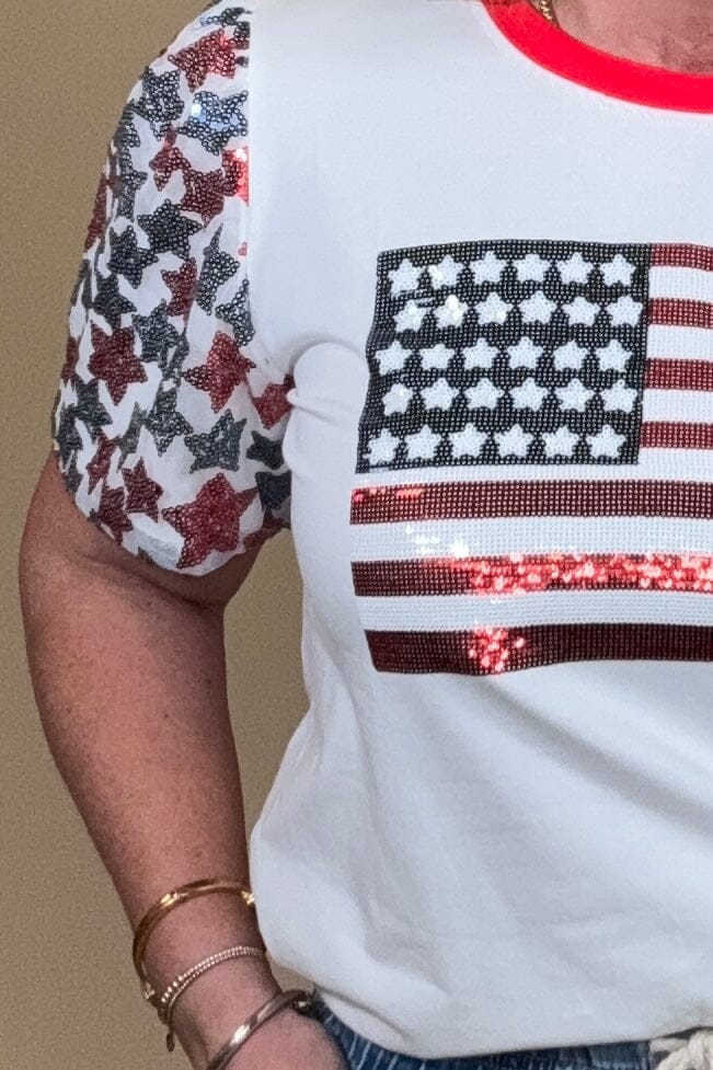 Sequin Flag w/Star Sleeves JRTOP CASUAL TOP SOUTHERN GRACE 