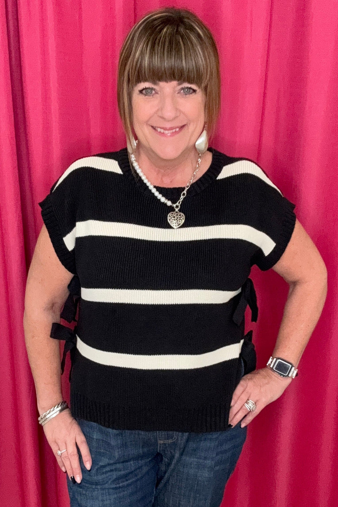 Short Sleeve Sweater w/Side Ties JRTOP CASUAL TOP BLUPEPPER B/W S 